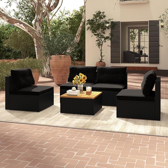 Tangkula 5 Piece Rattan Sofa Set, Outdoor Wicker Furniture Set w/Seat & Back Cushions, Square Coffee Table, Patio Sofa Set for Backyard, Poolside (Black)