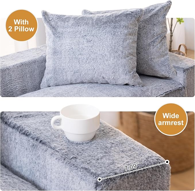61" Convertible Sofa Bed Loveseat, Memory Foam Boneless Floor Couch with Removable Faux Fur Cover, Tri-folding Compact Full-size Sleeper for Small Living Room, Playroom, Guest Room, RV (White-on-Grey) | Convertible Sofa Bed, Premium Memory Foam, Ergono...