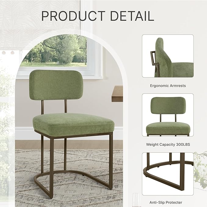 Dining Chairs Set of 6, Upholstered Modern Kitchen Chairs with Ergonomic Backrest, Fabric Cushion & Wire Drawing Curve Metal Legs for Living Room, Restaurant, Café, Green, 2Boxs
