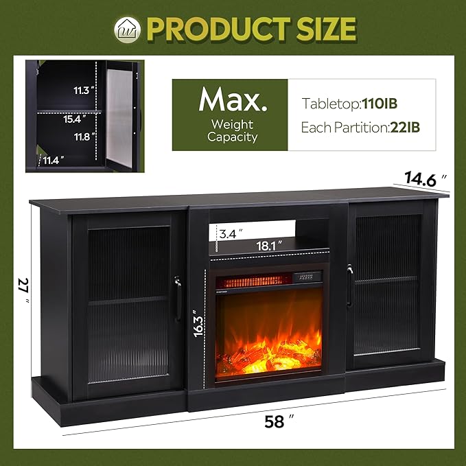 WLIVE Fireplace TV Stand for 65" TV, Entertainment Center with 3D Realistic Flame Electric Fireplace, TV Console with Open Shelves for Living Room, Black