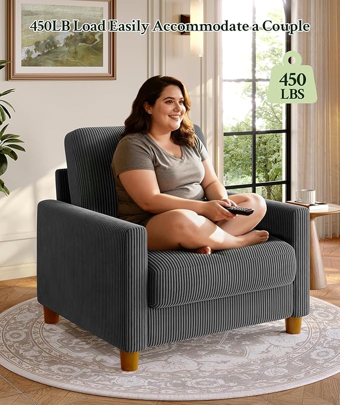 Welzona 35.3" Couches for Living Room, Comfy Grey Couch Single with 22.5" Deeper Seat, Accent Chair Tool-Free Setup, Reading Chair 440lbs Support, Corduroy Couch for Bedroom, Apartment, Office