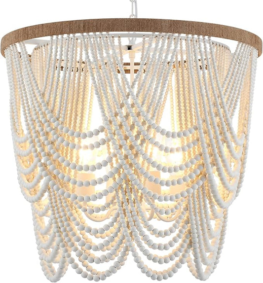 26” Boho Wood Beaded Chandelier Rustic Farmhouse Pendant Light 4-Lights Large Coastal Chandelier for Living Room Dining Room Foyer Entryway Bedroom, Oak White, E26, UL Listed