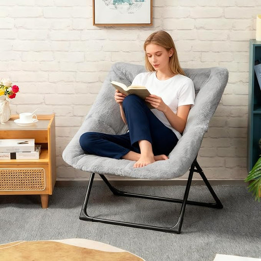 HollyHOME Comfy Oversized Saucer Chair, Extra Large Folding Lounge Chair for Adults, Foldable Accent Lazy Chair for Living Room, Bedroom, Dorm, Collapsible Reading Chair for Teens Kids, X-Large,Grey