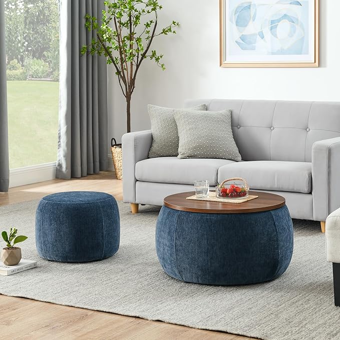 Ball & Cast Round Upholstered Storage-Ottoman Set with Wood Tray, Large Storage Coffee Table w/Footstool & Removable Lid, Dia 25" Padded Bench & End Side-Table for Living Bedroom, Dark Blue