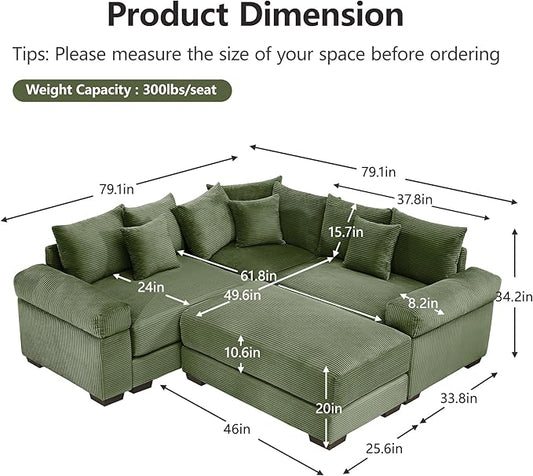 KEIKI 79" L-Shaped Oversized Corduroy Modular Cloud Sectional Sofa with 1 Ottoman, High-Density Foam Cushion, Extra-Thick Armrest, 3-Seater Fluffy Corner Couch with 10 Pillow, for Living Room, Green