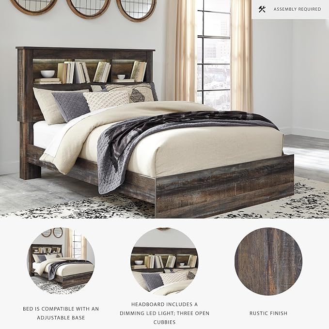 Signature Design by Ashley Drystan Rustic Queen Bookcase Bed with Open Cubbies and LED Lights, Foundation or Box Spring Needed, Dark Brown & Gray