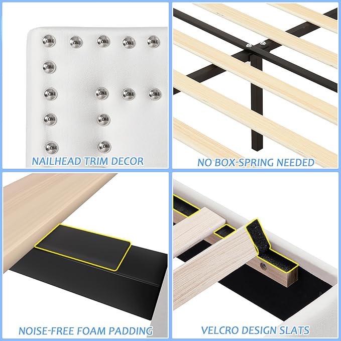 VECELO Full Size Bed Frame with Adjustable Upholstered Headboard, Wooden Slats Platform, Noise-Free Design, Easy Assembly