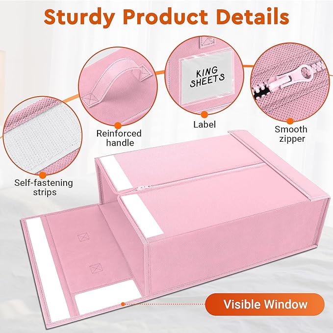 8 Pack Bed Sheet Closet Organizers and Storage,Sturdy Foldable Storage Containers with Window and Label,Storage and Organization for Bedding Sheets,Duvet Covers,Blankets (Pink)