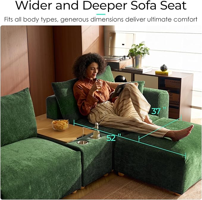 LINSY HOME Cloud Couch Sectional, Modular Sofa Sectionals for Living Room Bedroom, 91" L Shape Love Seat Couch with Ottoman, 2 Seater Deep Seat Cozy Couch Luxury Chenille Sofas, Green