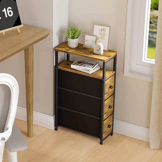 Narrow Night Stand Set 2 - Nightstand with 3 Drawers Skinny Bedsides Tables for Small Space Dresser for Bedroom Living Room Slim Side Table, Farmhouse Brown