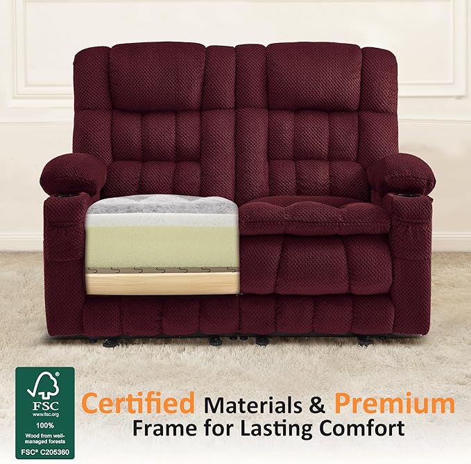 MCombo 57" Power Loveseat Recliner, Electric Reclining Loveseat Sofa with Heat and Vibration, Cupholders, USB Charge Ports for Living Room 6314 (Burgundy, Loveseat)