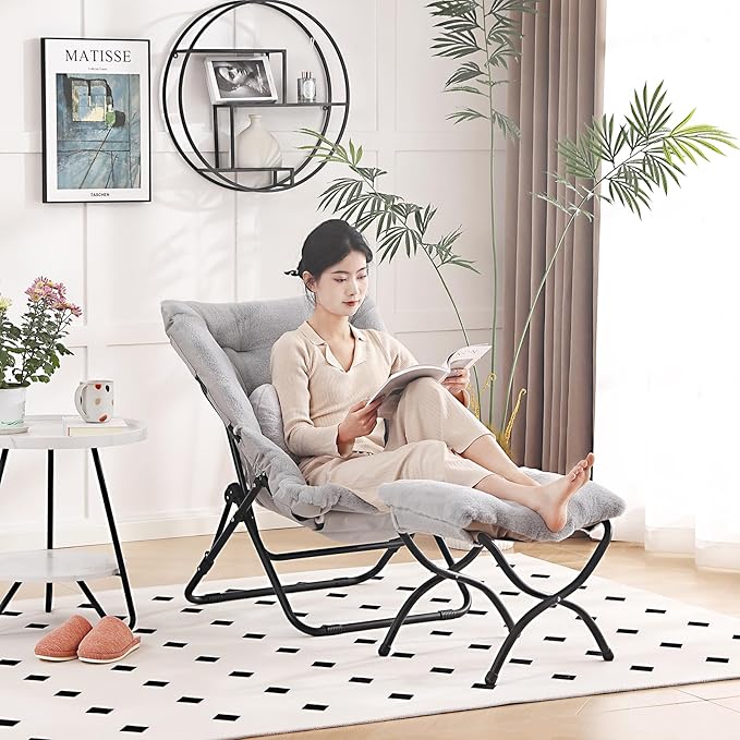 Comfy Saucer Chair with Ottoman, Oversized Folding Faux Fur Chair Soft Furry Lazy Chair with Metal Frame Moon Chair Accent Chair for Bedroom, Living Room, Dorm Rooms, Grey