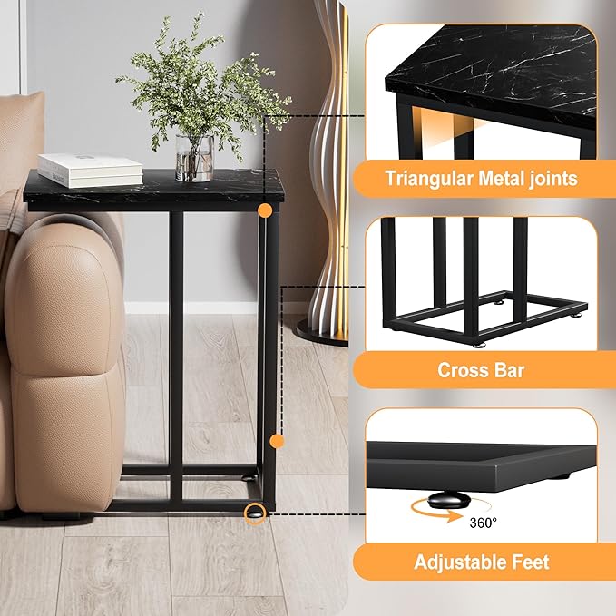 VECELO Universal C-Shaped Side Table, Multi-Functional Snack & TV Tray for Living Room, Bedroom, Black Marble (1 Set)