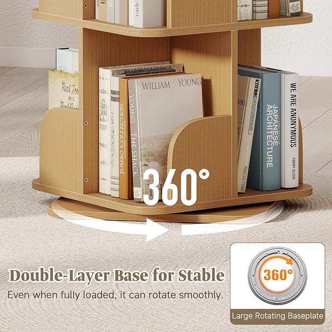 Rotating Bookshelf, 4 Tier Spinning Bookshelf Tower for Small Space, Kids Bookshelves 360 Display, Revolving Bookcase Floor Standing Storage Rack, Natural