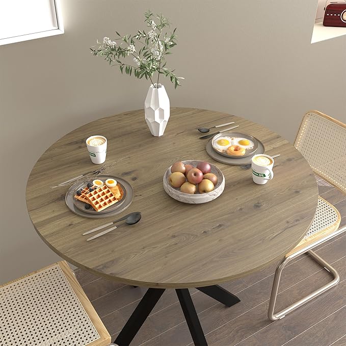 31.5" Round Dining Table for 2-4 People, Small Circle Kitchen Table with Black Metal Legs, Space-Saving Table for Apartments, Small Spaces (Rustic Brown)