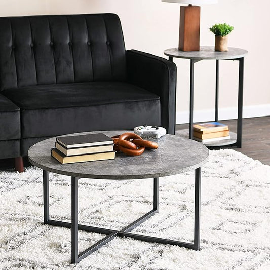 Household Essentials Jamestown Round Side End Table with Storage Shelf Rustic Slate Concrete and Black Metal