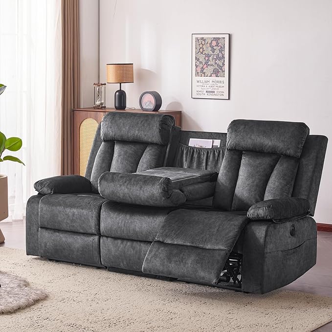 Power Recliner Sofa with Heat&Massage, Electric Reclining Couch with Multi-Function Console/USB Ports/Type C, Wall Hugger 3 Seater-Sofa Recliner, Reclining Sofa Couch for Living Room