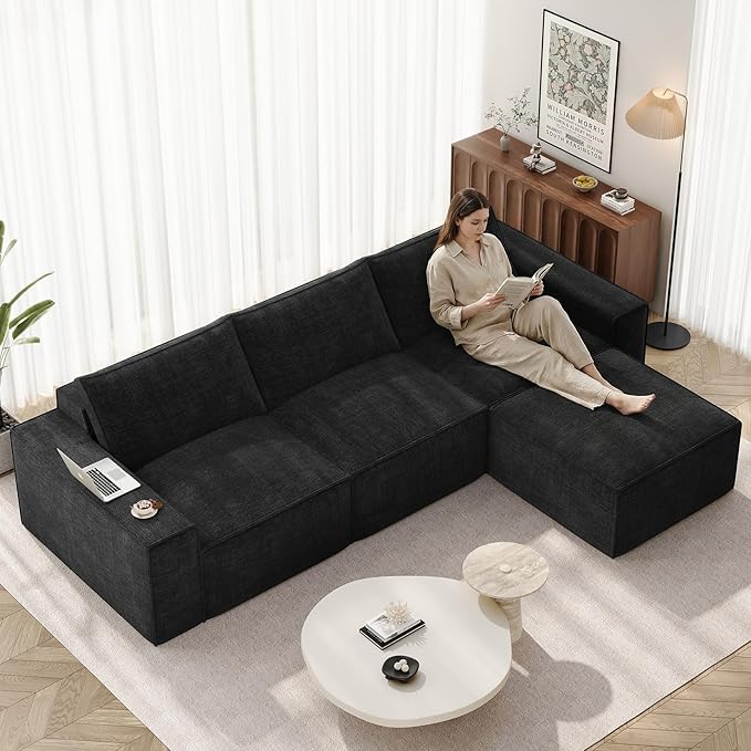 Vesgantti 114" Modular Boneless Couch, Convertible Chenille L Shaped Cloud Couches for Living Room, Modern Cozy Sectional Sofa with Deep Seat, No Assembly Required, Black