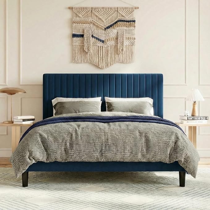 SHA CERLIN Queen Upholstered Platform Bed Frame with Vertical Channel Tufted Velvet Fabric Adjustable Headboard, Wooden Slats Support, Mattress Foundation, Box Spring Optional, Blue