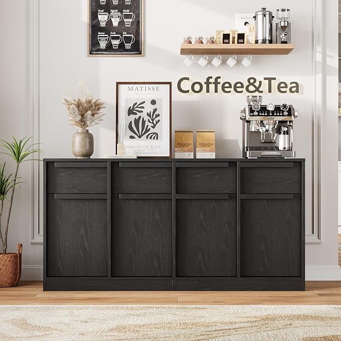 GarveeHome Sideboard Buffet Cabinet with 2 Drawers, 31.5 in Large Coffee Cabinet with Storage, Modern Storage Buffet Table for Kitchen Dining Room, Living Room (Dark, 4 Doors & 4 Drawers)