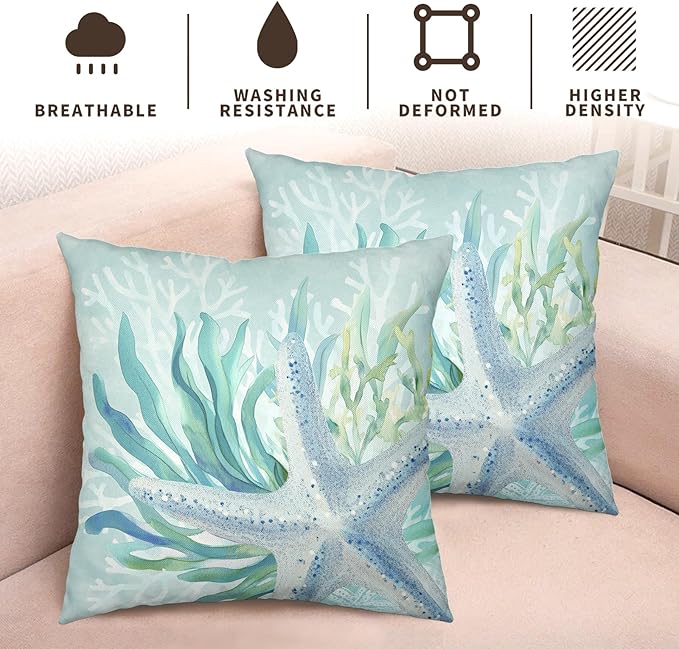 Summer Starfish Pillow Covers Nautical Coastal Beachy Outdoor Throw Pillow Covers 20x20 Inch Set of 2 Ocean Coral Seagrass Decorative Cushion Covers for Bed Couch Sofa Living Room