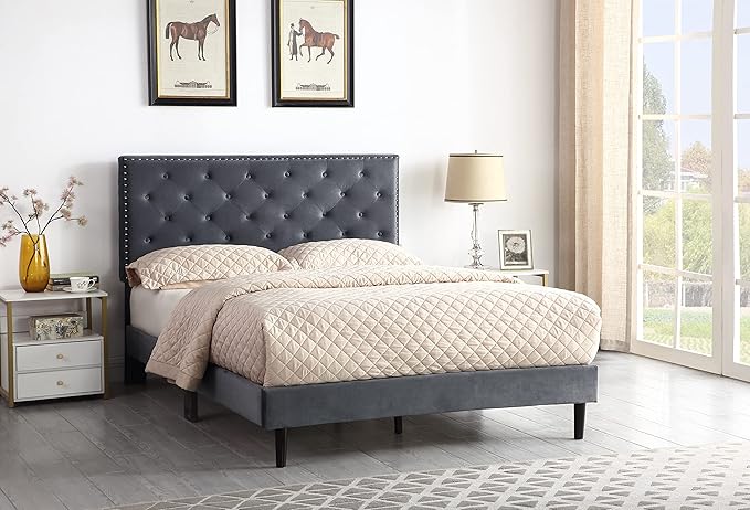 Full Upholstered Platform Bed Frame with 48" Tall Adjustable Headboard - Button Tufted Suede Velour Bed- Wood Slat Support with Storage Space - No Box Spring Needed - Grey - OLIVER & SMITH - Princeton