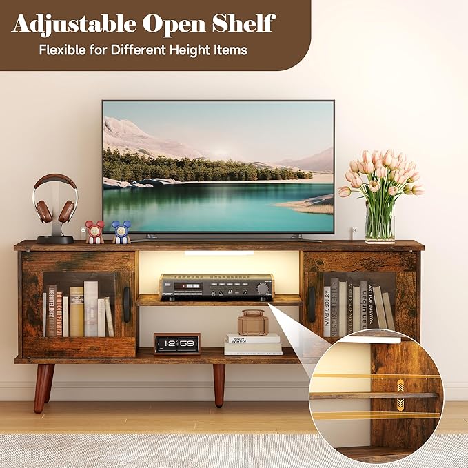 Wood TV Stand for 55 Inch TV, Mid Century Modern Entertainment Center with Adjustable Shelf, Sensor LED Light, 2 Cabinets, TV Media Console for Living Room Bedroom Rustic Brown