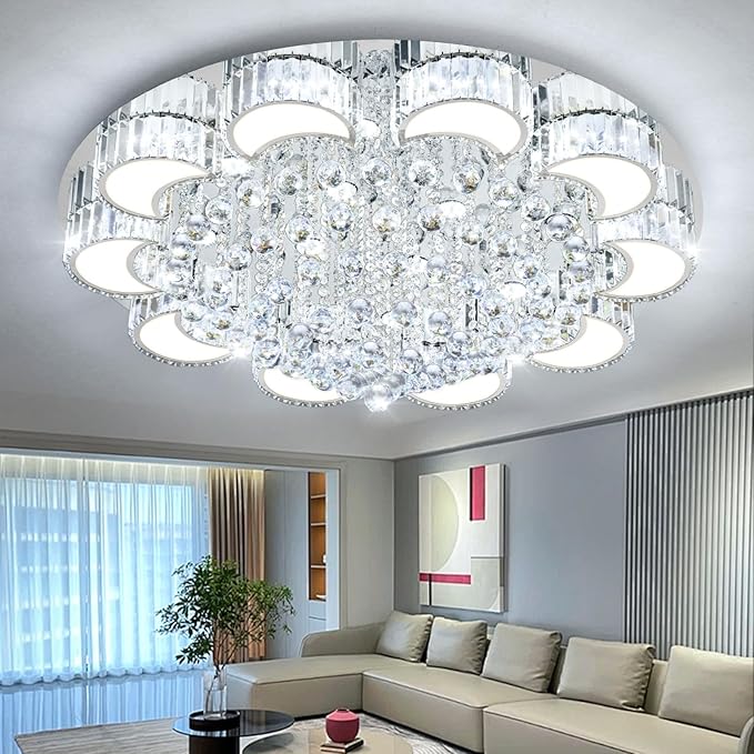 39.4'' Silver Modern Crystal Chandeliers for Dining Room LED Dimmable Light Fixtures Flush Mount Light Living Room Bedrooms