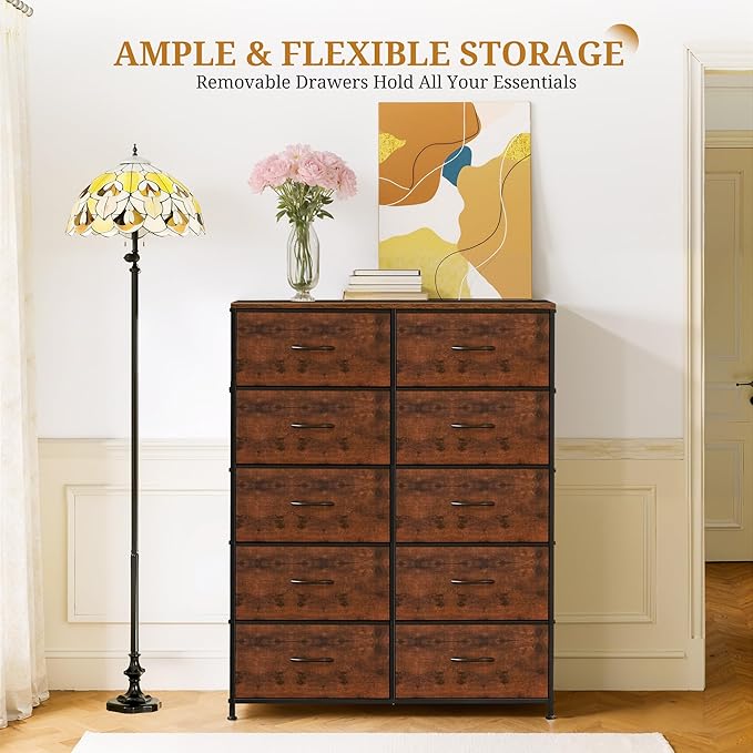 10-Drawer Fabric Dresser, Chest of Drawers Clothes Cabinet for Closet & Bedroom, Storage Organizer with Steel Frame for Entryway, Dorm, Living Room, Brown