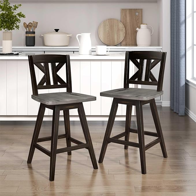 Lexicon Counter Height Stools Set of 2-Solid Wood Frame 360° Swivel Wooden Stools, Foot Rest, KK Back, Wide Seat, Distressed Farmhouse Easy to Clean Finish, 24" SH, Antique Black/Grey