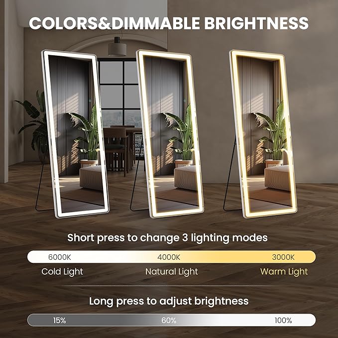 Alpen LED Full Length Mirror with Lights, 71" x 26" LED Floor Mirror with Stand, Full Body Dressing Mirrors with Dimming & 3 Color Lighting, Hanging Mounted Mirrors for Living Room Bedroom Cloakroom