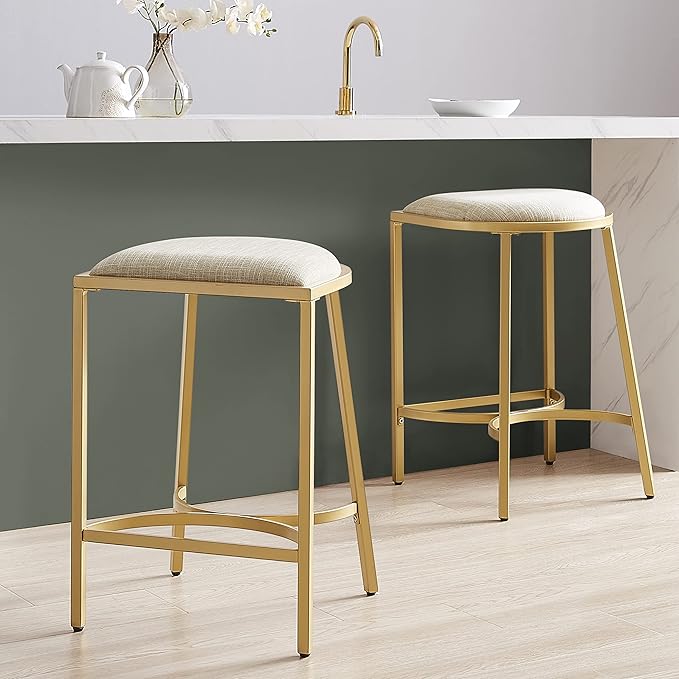 Crosley Furniture Ellery Upholstered Seat Counter Height Bar Stools Set of 2, Oatmeal/Gold