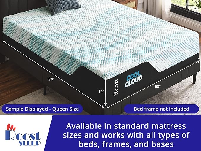 ROOST SLEEP Cool Cloud 14-Inch Twin XL Mattress, Gel Memory Foam for Back Pain Relief & Cool Sleep, Medium Plush, CertiPUR-US Certified, Made in USA, Bed in a Box