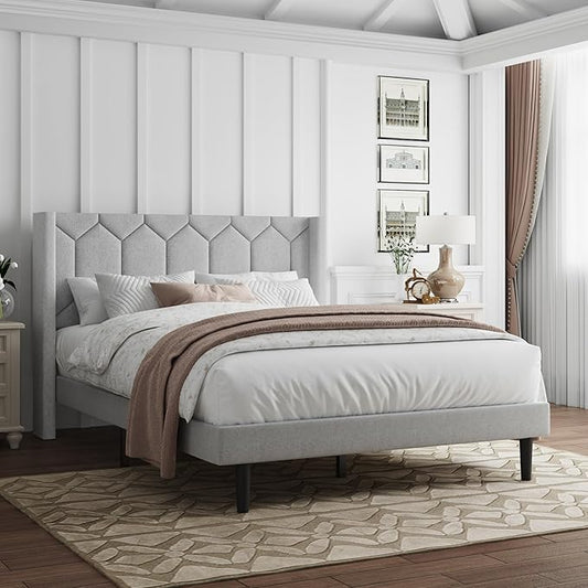 Full Size Bed Frame with Velvet Upholstered Headboard, Platform Bed Frame No Box Spring Needed, Modern Bedframe with Strong Wooden Slats, Light Gray