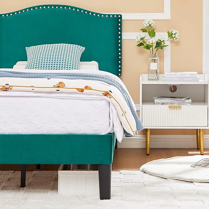 VECELO Twin Bed Frame, Platform Bed Frame with Adjustable Height Upholstered Headboard, Heavy-Duty Frame and Strong Wooden Slats Support, Non-Slip and Noise-Free, Easy Assembly, Dark Green