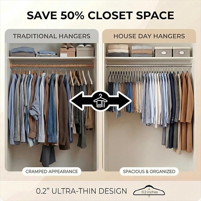 HOUSE DAY Black Plastic Hangers 50 Pack - Heavy Duty Non-Velvet Hangers with 360° Swivel Chrome Hook & Non Slip Notches - Slim Space Saving Clothes Hangers Ideal for Coats Shirts Jackets Dresses