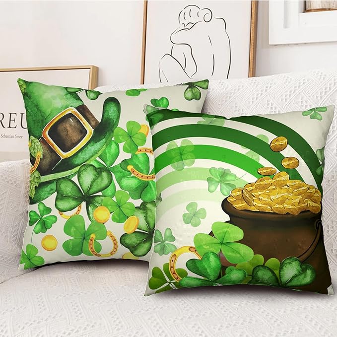 Shamrock St Patrick Day Pillow Covers 22x22 Lucky Charm Blessed Hat Gold Coin Clover Stripes Pillow Cases 2 Pcs Happy Saint Patricks Day Decorative Cushion Cases for Home Party Sofa
