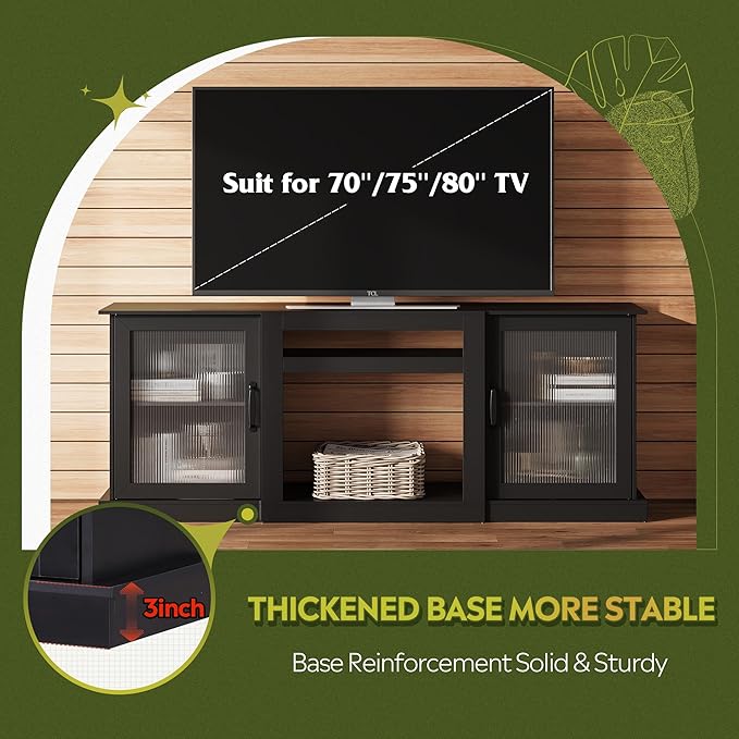 WLIVE Farmhouse TV Stand for 75 inch TV, Entertainment Center with Storage Cabinets, Mid Century Modern TV Console for Living Room, Bedroom, Black