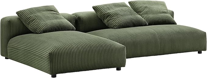 Modway Solace Modular Corduroy Sectional Sofa with Chaise in Fern - Comfy Corduroy Upholstered Deep Seat Sofa - Modern L-Shaped 2-Piece Sectional Sofa Set - 3 Seater Fabric Sofa for Living Room