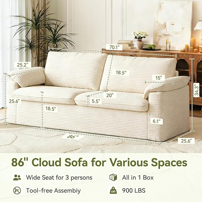 86" Loveseat Sofa Beige Corduroy Couch,Modern Cloud Sofa Love Seat, Deep Seat Slipcovered Sofa with 2 Wide Armrest Pillows for Small Spaces Apartment Studio Office Bedroom Living Room