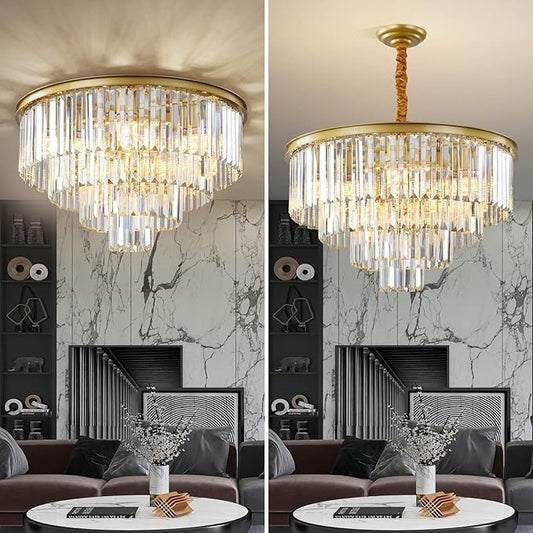 Gold Modern Crystal Chandelier, 4-Tier Round Flush Mount Ceiling Light Fixtures Height Adjustable Pendant Lighting for Dining Room Living Room Bedroom Kitchen Hotel Foyer