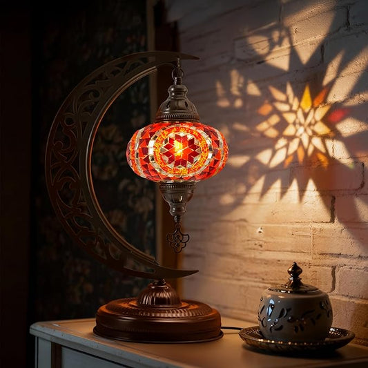 Mozaist Turkish Mosaic Crescent Shape Table Lamp, Moroccan Moon Boho Handmade Desk Light, Farmhouse Rustic Living Room Decorative Lighting, Bedside Nightstand with E12 Socket & US Plug (Orange & Red)