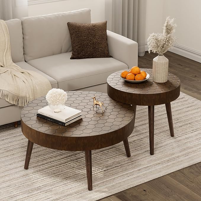 COSIEST Round Coffee Table Set of 2, Nesting Tables with Honeycomb Pattern, Modern End Table for Living Room, Farmhouse, Brown