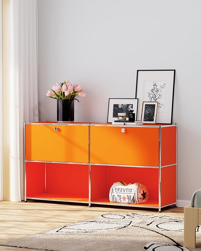 Metal Sideboard with 2 Flap Doors, DIY Modern Home Furnishing,Perfect for Home, Office, Kitchen, Hallway,Foyer Organization(Matt Orange)