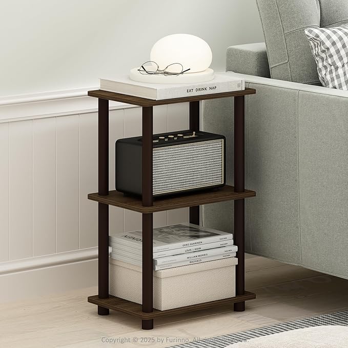Furinno Turn-N-Tube Side Table, 2-Tier End Table with Open Shelf, Easy Assembly Night Stand, Bedside Table with Round Tube, for Living Room, Bedroom, Walnut