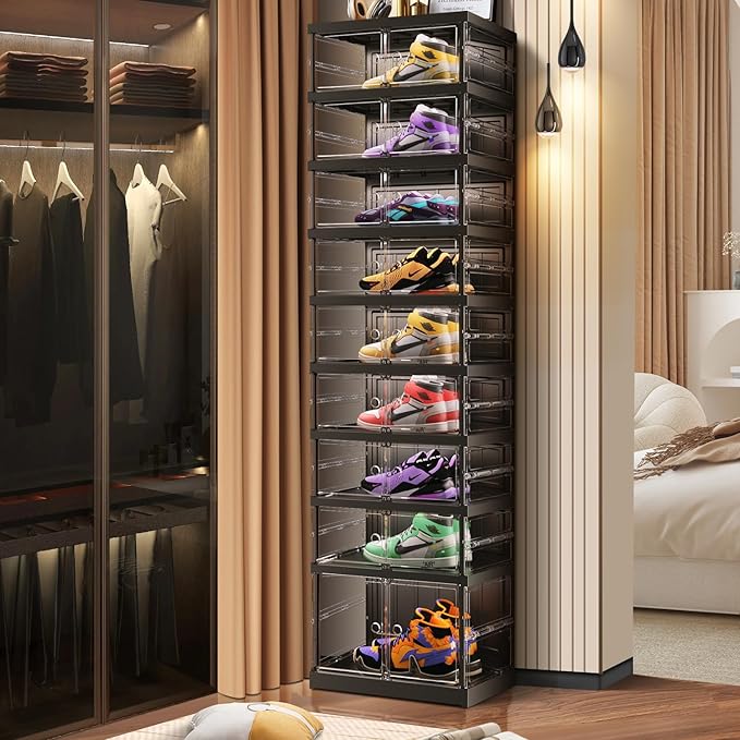 9-Tier Foldable Shoe Rack for Closet Entryway 9-18Pairs,Stackable Clear Shoe Storage Boxes Organizer with Door Plastic Small Shoe Cabinet Bins with Lids Shoes Shelf Easy Assembly Black