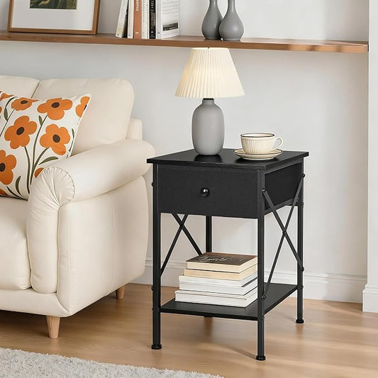 VECELO Nightstand Set of 2, X-Design End Side Table with Fabric Storage Drawer and Open Shelf, Bedside Night Stand with Steel Frame for Bedroom, Living Room,Dorm, Easy Assembly,Classic Black