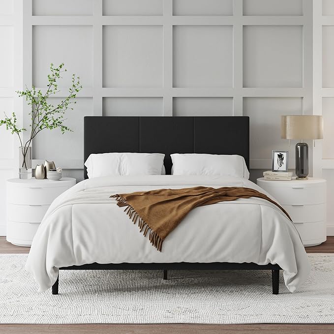 Full Size Bed Frame with Upholstered Headboard, Sturdy Wood Slats, No Box Spring Required, Silent, Easy Assembly,Black