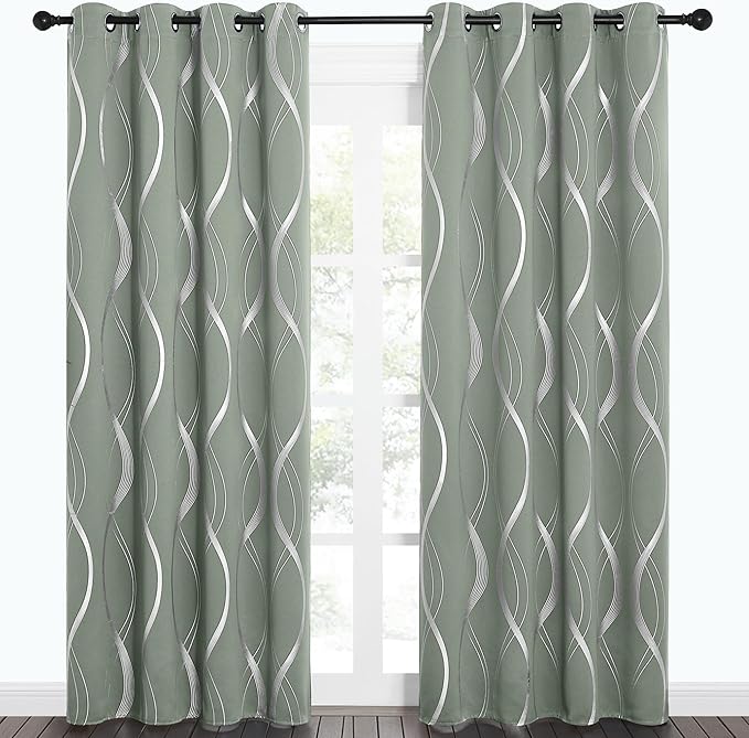 NICETOWN Greyish Green Curtain Panels for Vintage Bedroom, 52 x 84 inch, Thermal Insulated Wave Line Foil Print Design Drapes for Patio Sliding Glass Door Spring Home Decor, 2 Panels