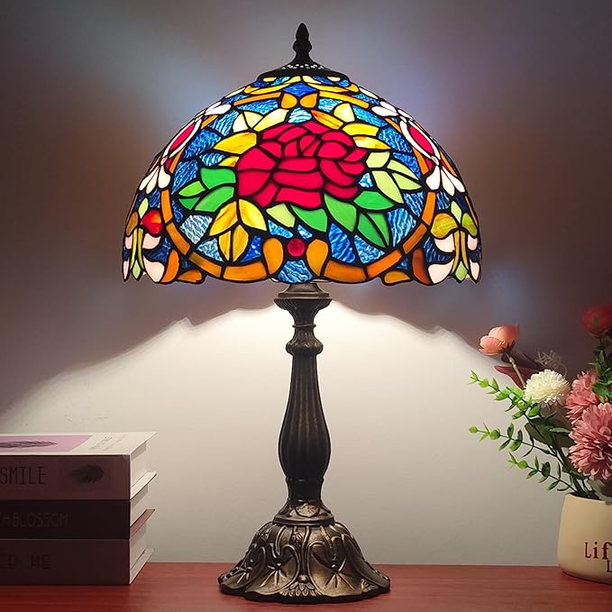 Tiffany 3-Color Stained Glass Lamp - Vintage Beside Reading Lamp, 12 inch Living Room Light, Flowers Style Antique Nightstand Light (Red Roses Heart)
